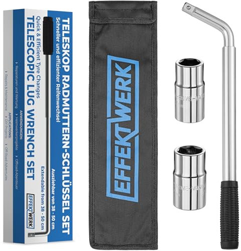 EffektWerk Teleskop-Radmutternschlüssel – Universal-Radmutternschlüssel mit 1/2-Zoll-Antrieb und 2 Stecknüssen (17/19 mm und 21/23 mm) – 38 – 50 cm ausziehbarer Reifenschlüssel