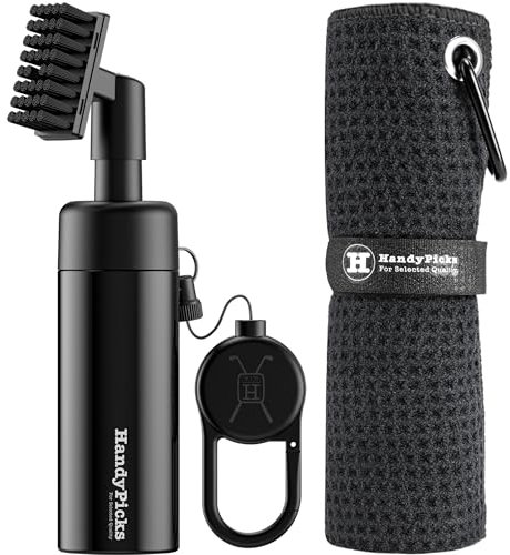 Handy Picks Golf Water Brush - Reinforced Brush Head – 160 ML Pump Jetting Water - Heavy Duty Metal Retractable Magnetic Clip n Premium Microfiber Golf Towel - The Ideal Golf Cleaning Combo Kit Black
