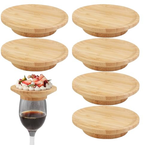 Pasdrucn Wine Glasses Topper Appetizer Plates Set, Glasabdeckung Trinkglas, Bambus Weinglas Topper Set, Wine Tags, Hölzerner Weinglas Aufsatz Untersetzer Für Vorspeisenteller,Desserts,Partys (6Pcs)