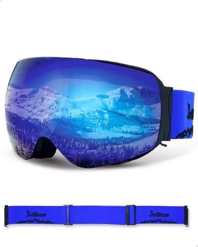 JetBlaze Skibrille Herren Damen OTG Skibrille mit Wechselglas and Riemen für Brillenträger Schneebrille Anti Nebel Snowboardbrille Ski Goggles Kompatibler Helm Sphärisch Verspiegelt Blaue Linse