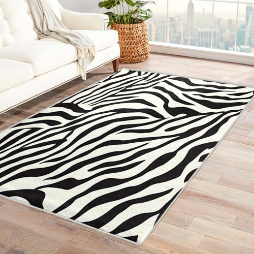 Teppich Wohnzimmer Zebramuster - Teppich Wohnzimmer Schlafzimmer Schwarz Weiß, Kleiner Teppich Tiermuster, Weich Kurzflor & Waschbar & rutschfest Fussmatte Innen, Kinderteppich 60x90 cm