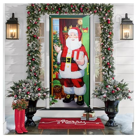 Sanrolax Weihnachten Türabdeckung 187x90cm Weihnachten Tür Abdeckung Dekoration Weihnachtsmann Hängen Banner Hintergrund für Haus Haustür Veranda Weihnachten Deko Rot