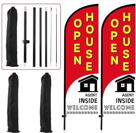 Lot de 2 Panneaux de Porte Ouverte, Drapeau de Porte Ouverte Panneau de Signalisation Immobilière avec Piquets de Sol Réglables pour Agents Immobiliers