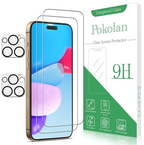 Pokolan 2+2 Pack Screen Protector for iPhone 16 Pro Tempered Glass, With Camera Lens Protector, 9H Hardness, No Bubbles, Anti-Scratch, Ultra Resistant