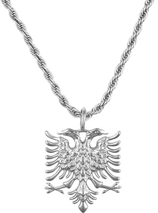 d'origine Albanien Adler Kette Herren – Albanisches Wappen mit Kordelkette (Rope) in Silber (Edelstahl)