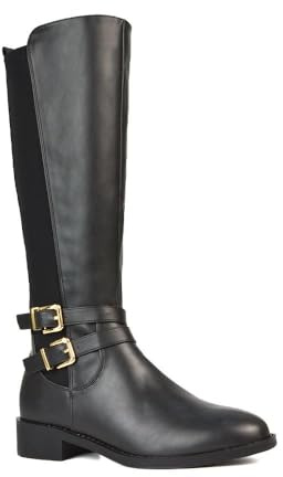 ESSEX GLAM Stivali da donna alti al ginocchio da donna con tacco basso piatto elasticizzato polpaccio gamba fibbia zip scarpe da motociclista taglia 3-8, Pelle sintetica nera., 40 EU