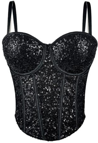 LIUYUYOUGO Korsage Damen Pailletten Korsett Top Damen Glänzend Glitzer Bustier Korsett Hochzeit Party Crop Top Bh Weste Sexy Spaghettiträger Push Up Korsett Top Sparkly Boned Korsett Camisole Body