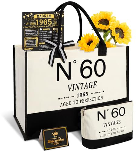 Amosking 60th Birthday Gifts for Women Canvas Tote Bag Travel Gear, Unique 60 Years Old Gifts for Her Wife Sister Mum Aunt Friends, Vintage N60 Handbag & Cosmetic Bag & Back in 1965 Poster