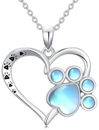 MUUYON Halskette mit Pfotenabdruck aus Mondstein 925er Sterlingsilber Anhänger mit Herzanhänger für Hunde und Katzen Schmuck für Damen