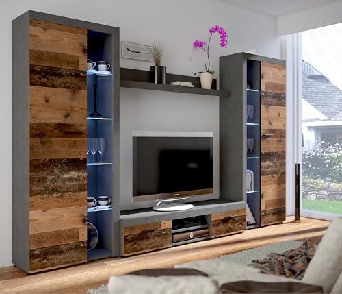 AXLIVING Spacoro XL Wohnwand grau modern Matera Oldwood 300 ohne LED
