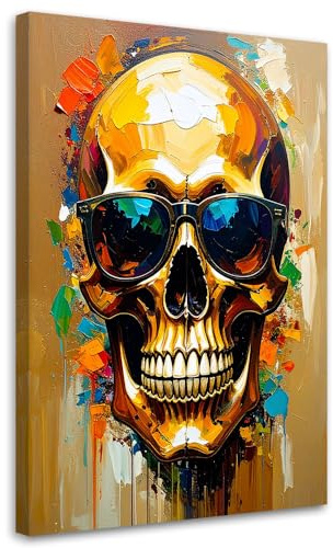 Feeby Bild auf Leinwand - Wandbilder Wohnzimmer Aesthetic - Bunter Totenkopf mit Brille - 60x90 1tlg - Schlafzimmer Wandekoration - Bilder Zimmer - Living Room - Deko Wandbilder - Moderne Bild