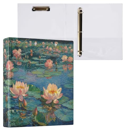 Reiacy Lotus Monet Ringbuch mit 3 Ringen, A4, mit Clip, hält 200 Blatt, großer D-Ring-Aktenordner für Zuhause, Schule, Bürobedarf