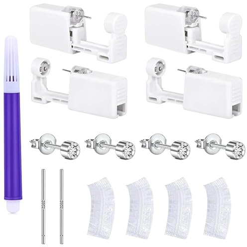 4-in-1 Ohrloch Stechen Set Professionell, 4x Ohrlochpistole mit eingebauten Ohrsteckern, 2x 925 Silber Ohrstecker, 100x Wasserfeste Ohrschützer, 1x Markierstift, Steriles Ohr Piercing Set für Selber M