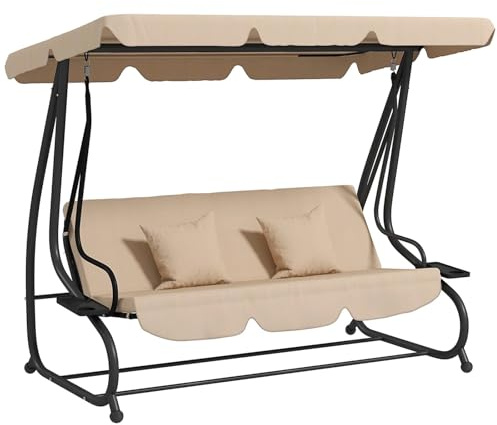 Balançoire d'extérieur Balancelle de Jardin 2 en 1, Banc Convertible 3 Places avec auvent inclinable, siège rembourré et oreillers