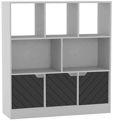 URBNLIVING White 8 Cube Asymmetrical Storage Cabinet – Freestanding Display Bookcase with 3 Doors for Home & Office - Line Design Doors - Black