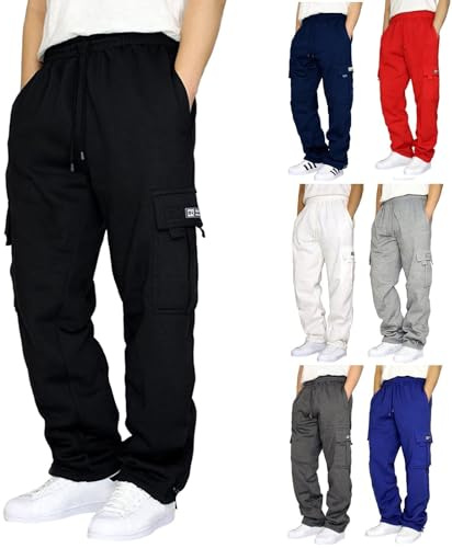 Couawaticy Pantalon de jogging pour homme - Pantalon de jogging en polaire - Ourlet ouvert - Avec poches - Cordon de serrage - Pantalon de gym - Entraînement