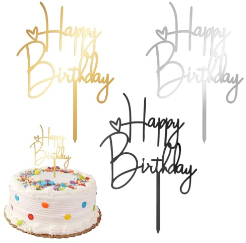 IANFAN 3 Stück Happy Birthday Tortendeko, Kuchendeko Geburtstag, Happy Birthday Cake Topper Acryl Geburtstag Party Dekoration Kuchendekoration Für Kinder Und Erwachsene(Gold Silber Schwarz)