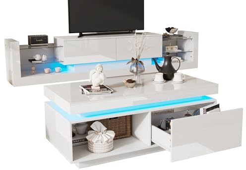Generisch Hochglanz-TV-Schrank-Set mit LED-Beleuchtung & Couchtisch | Weißes Wohnzimmer-Set für Fernseher bis 80 Zoll (181 cm Breite) | Moderner Stauraum & Robuste Spanplatte