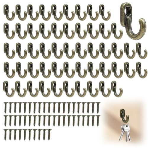 Rbleote 50 Stück Schlüssel Haken Antik Schlüsselhaken Bronze Mini Eisen-Haken 17×13mm Antik Messing Designfür Schlüssel Schmuck Taschen Hüten Handtücher Für Tür Küche Flur Büro