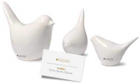 Tiziano® Keramik Vögel Creme-weiß (6cm schauend, 10cm sitzend, 13,5cm stehend) - Glänzende Deko Figuren im Set für Wohnzimmer & Büro - Stilvolle Geschenkidee - Dekoartikel für Moderne Einrichtung