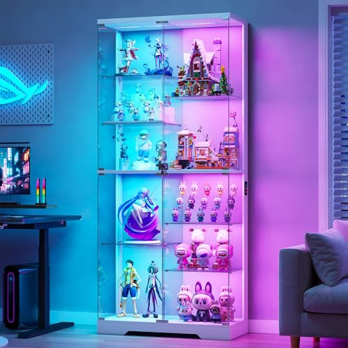 Gurexl 180cm Glass Display Cabinets with RBG Lights for Collectibles,White | 10-Tier Curio Cabinet with Lockable, Display Cases with Human Body Sensor and Glass Shelves for Books, Toys
