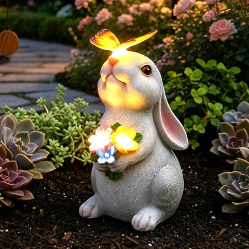 Solar Kaninchen Figuren, Solar Garten Statuen Kaninchen Deko mit Solar Laterne, Kaninchens Gartenstatuen, Gartendeko für Draußen,Gartendeko Schmetterlinge Solarlampen für Garten Balkon Terrasse