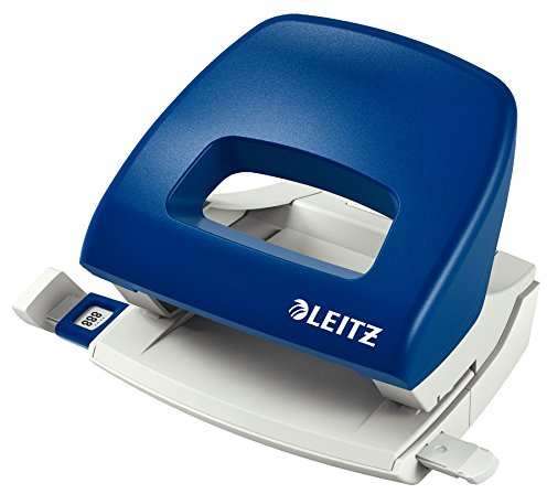 Leitz Kleiner Büro Locher aus Metall, 16 Blatt, Anschlagschiene mit Formatangaben, Ergonomisches Design, blau, 50386035
