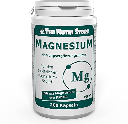 Magnesium 350 mg vegane Kapseln 200 Stk. - Magnesiumoxid - Muskeln, Nerven und Energiestoffwechsel - 6 Monatsvorrat - The Nutri Store - Made in Germany