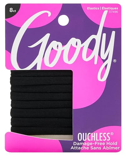 Goody Ouchless Seamless Hair Elastics, 8 Ct, Black, Damage-Free Gentle Hold Elastic Ties, No Snag or Pull, For All Occasions, Chic Styling Accessories for Women & Men, All Hair Types