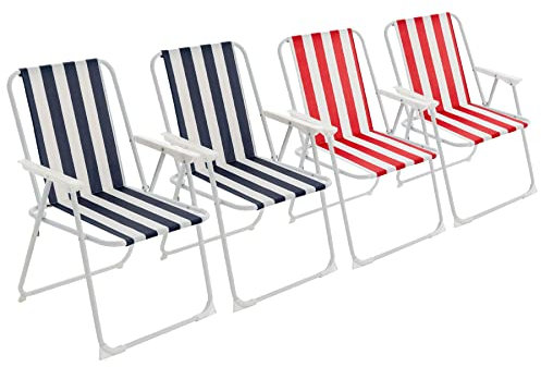 Harbour Housewares Folding Beach Deck Chairs - Blue/Red Stripe - Pack of 4 - Metal Outdoor Patio Seat Lightweight Portable Deck Chair for Picnic, Garden, Camping, Fishing
