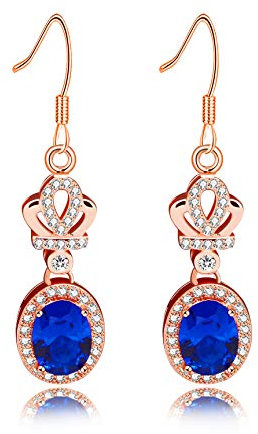 Orecchini da donna in argento sterling 925, taglio ovale, con zaffiro blu, placcati in oro rosa, orecchini pendenti con diadema corona principessa per ragazza FR037 (blu)