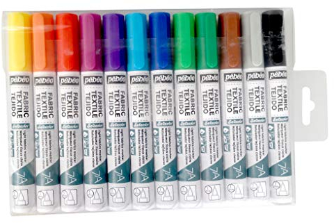 Pébéo 803511 7A Set mit 12 Markern, blickdicht, Basic, Rundspitze, 4 mm, bunt, gelb, orange, rot, pink, lila, hellblau, hellblau, hellgrün, grün, braun, hellgrau, schwarz