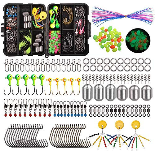Fishing Tackle Box Kit Including Fishing Hooks,Sinker Weights,Crossline Barrel Swivel, Rolling Swivel Snap,Jig Hooks,Sinker Slides, Beads with Tackle Box (174pcs Kit)