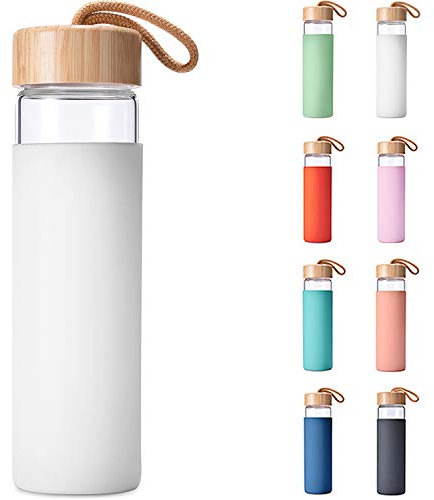 Yomious Wasserflasche aus Borosilikatglas mit Silikonhülle, BPA-frei, spülmaschinenfest, wiederverwendbar, klares Glas mit auslaufsicherem Bambusdeckel, perfekte Fitness-Wasserflaschen für Männer und