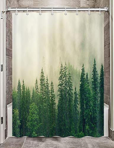 Wohnmobil-Duschvorhang mit Bergen und Wald, Landschaft für Wohnmobile, Anhänger, Camping, Badezimmer, Wohnmobil, Duschvorhänge Reiseanhänger, Nebel, Baum, Duschvorhang Camper 119,2 x 163,2 cm, grün