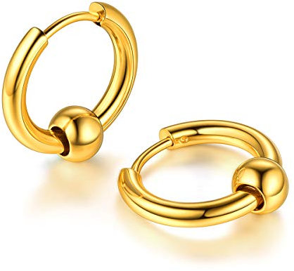 FOCALOOK 18k vergoldet Ohrringe für Jungen Mädchen Punk Stil Achteck Huggie mit Kugel Minimalist Ohr Piercing Ohrschmuck Accessoire für Männer Frauen