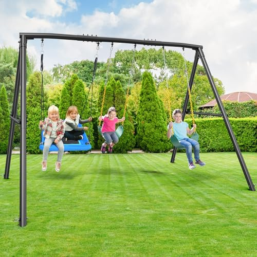 Hapfan 600lb Heavy Duty Swing Set for Outdoor Backyard with 3 Swings Black