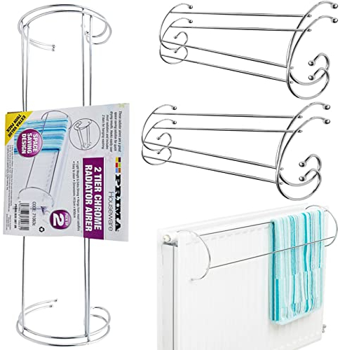 NTI 2 Tier | 2 x CHROME Radiator Clothes Airer Drying Rack | PRIMA Washing Line Hanging Towel Laundry Lightweight Space Saving Design Home Kitchen Indoor Storage & Organisation UK FREE P&P, Silver