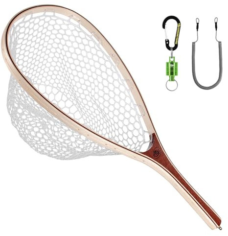 SF Fly Fishing Landing Net Soft Silicone Rubber Small Mesh Catch and Release Wood Frame Trout Net with Green Magnetic Release Combo Kit