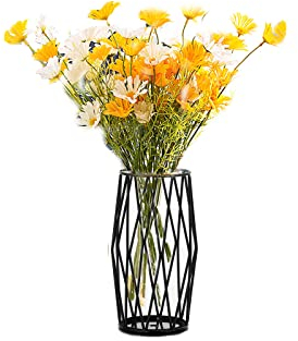 EylKoi Vase Schwarz mit Geometrische Metallgestell Schwarz Vase, Große Vasen Pampasgras, Moderne Große Vasen für Wohnzimmer, Draht für Pampasgras, Zuhause, Regal, Hochzeit, Esstisch, H: 21.5cm