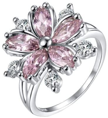 Tanduaji Bague Fleur Femme or Blanc Plaqué Fleurs de Cerisier, Zirconium Rose Anneau Bijoux Fantaisie