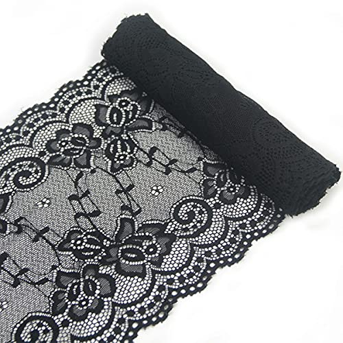 18 CM (7Inch) Breit, Schwarzer Spitzenstoff, Nähen, Spitzenband, Spitzenbesatz, Elastisch, Dehnbare Spitze zum Basteln (4,5 m/5Yard)