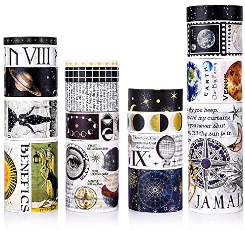 UNOZAVER 18 Rollen Ästhetisches Vintage-Washi-Tape-Set, 75/50/30/25/20/15/10/5 mm Breites Blumen, Schmetterlings RetroKlebeband für Scrapbook Zubehör, DIY-Kunsthandwerk, Junk Journal, Planer (Black)