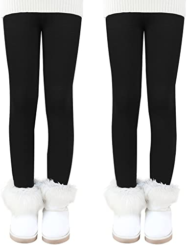 Auranso Girls Winter Warm Cotton Fleece Lined Leggings Thick Thermal Tights Pants Pack of 2, 7-8 Years Black