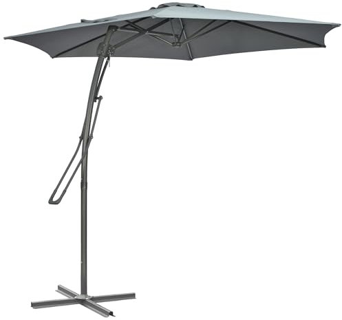 Outsunny 3m Cantilever Parasol with Easy Lever, Patio Umbrella with Crank Handle, Cross Base and 6 Metal Ribs, Outdoor Sun Shades for Garden, Grey