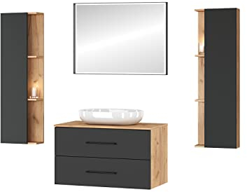Planetmöbel Set di mobili da bagno mobile vanity LUX 90 cm rovere oro/antracite SENZA lavabo con 2x mobile laterale rovere oro/antracite