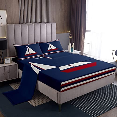 Set di lenzuola con motivo a barca Set di lenzuola nautiche per decorazioni a tema oceano con tasca profonda lenzuolo con angoli blu marino Set di biancheria da letto 4 pezzi matrimoniale