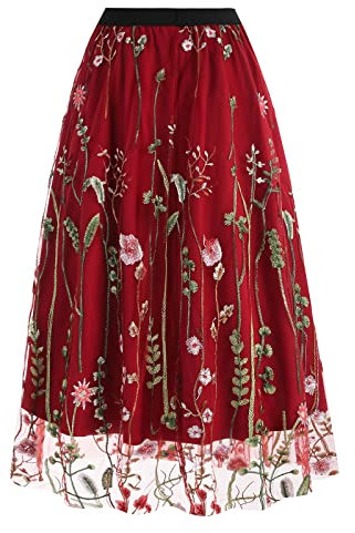 Damen T?llrock Langes Blumen Stickerei Rock Elegant Elastischer A-Linie Lagenrock Plissee T?ll Langes Kleid Blumenmuster Midir?cke Hohe Taille L?ssiges M?dchen Rock Vintage 50er Meshrock Rot XL