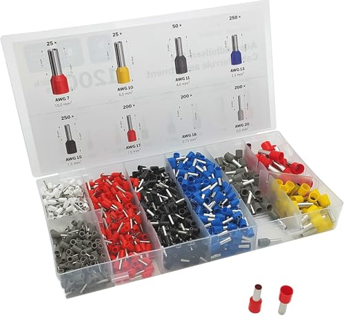 KabelDirekt – Set manicotti terminali 1.200 pezzi p/cavi 0,5-10mm². Collare protettivo codificato colori (DIN 46228). Connessione solida estremità cavi
