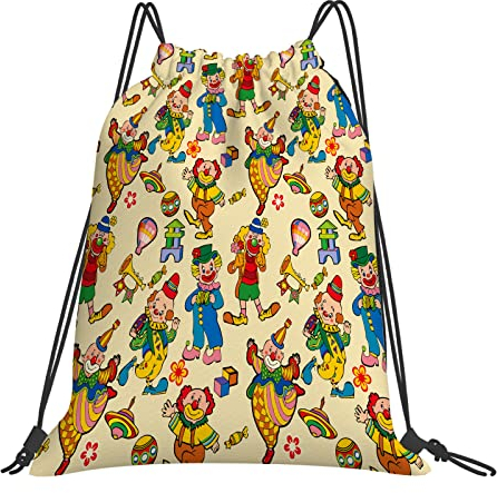 DELURA Rucksack mit Kordelzug,Festliches Muster tanzende Charaktere Spielzeug Clowns,Kordelzug-Sackpack für Sport, Yoga, Reisen, Cinch-Tasche mit Reißverschlusstasche
